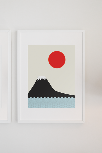 Japanese Red Sun and Mountain Wall Art Print