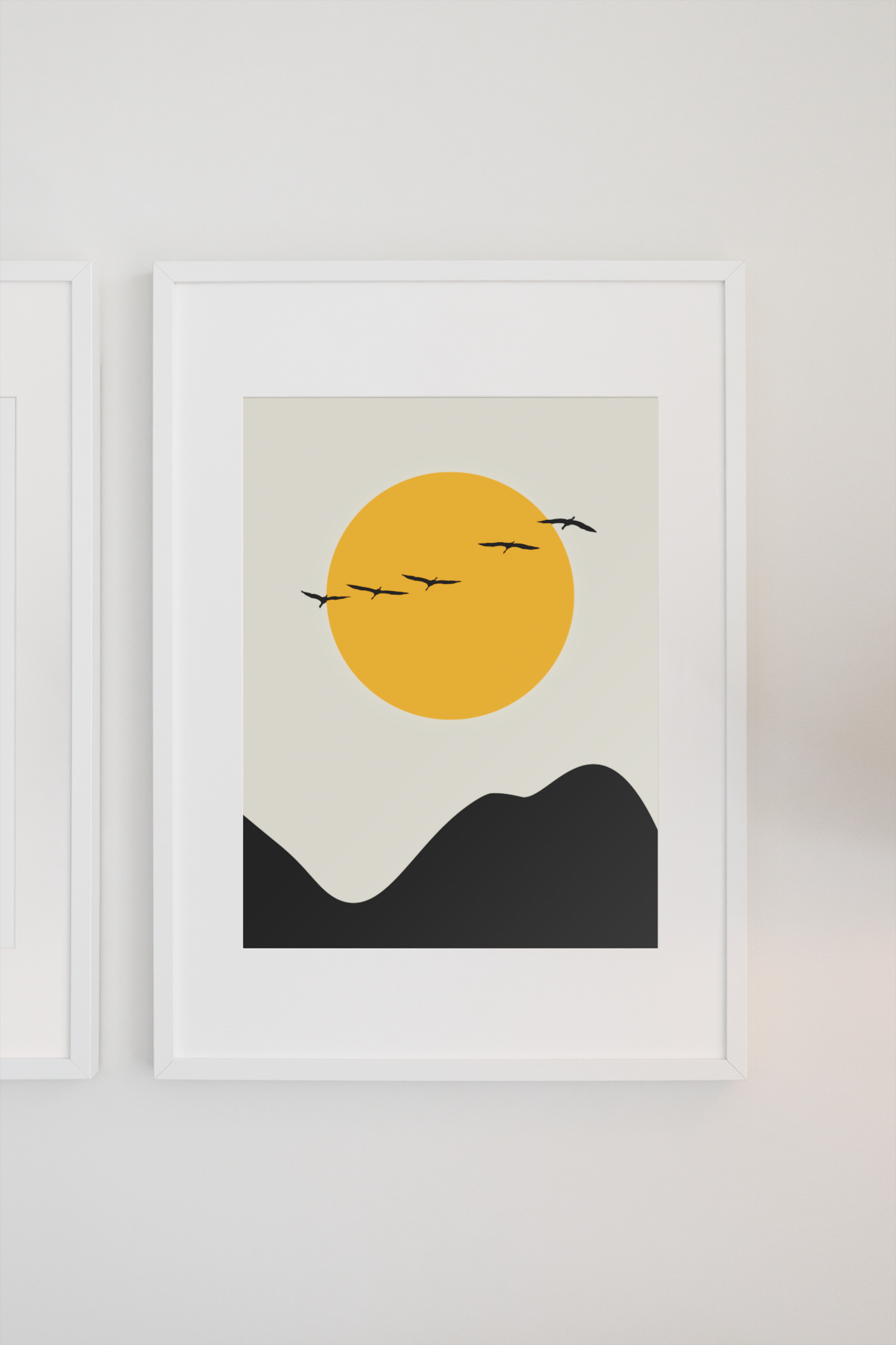 Japanese Yellow sun and flying cranes Wall Art Print
