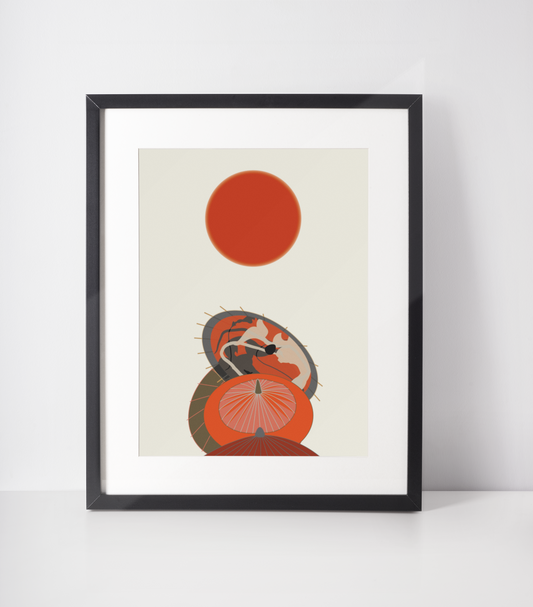 Japanese Red Sun and Wagasas Wall Art Print