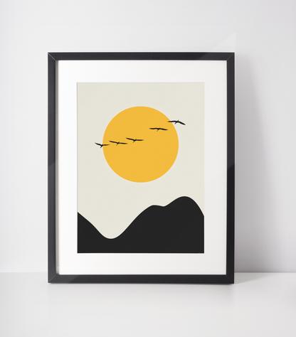 Japanese Yellow sun and flying cranes Wall Art Print