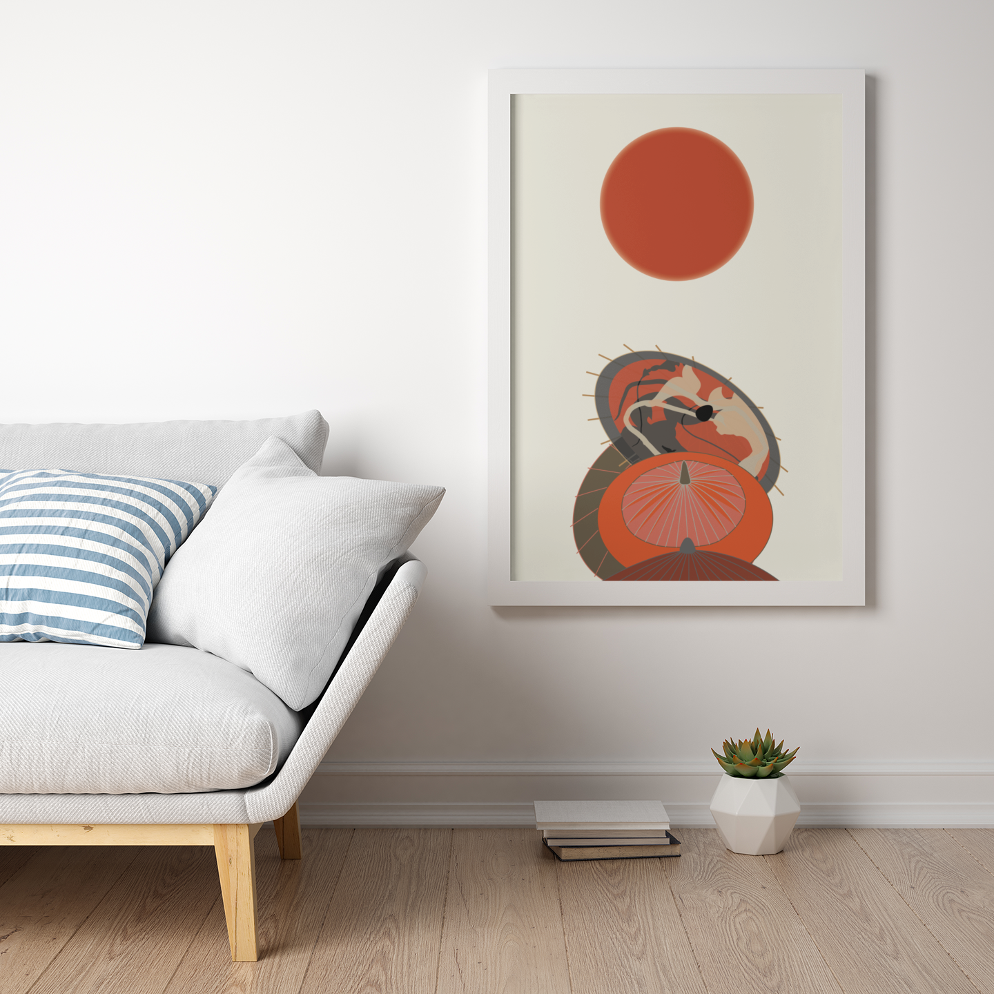 Japanese Red Sun and Wagasas Wall Art Print