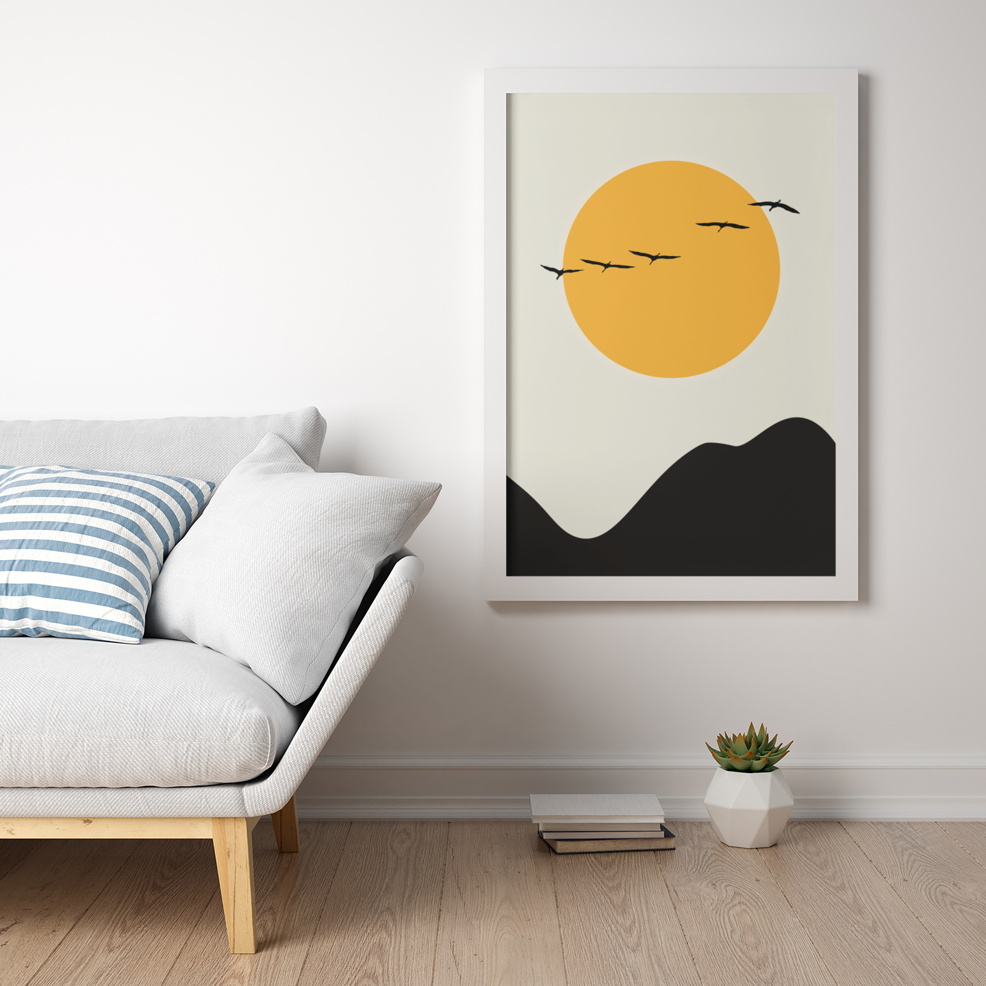 Japanese Yellow sun and flying cranes Wall Art Print