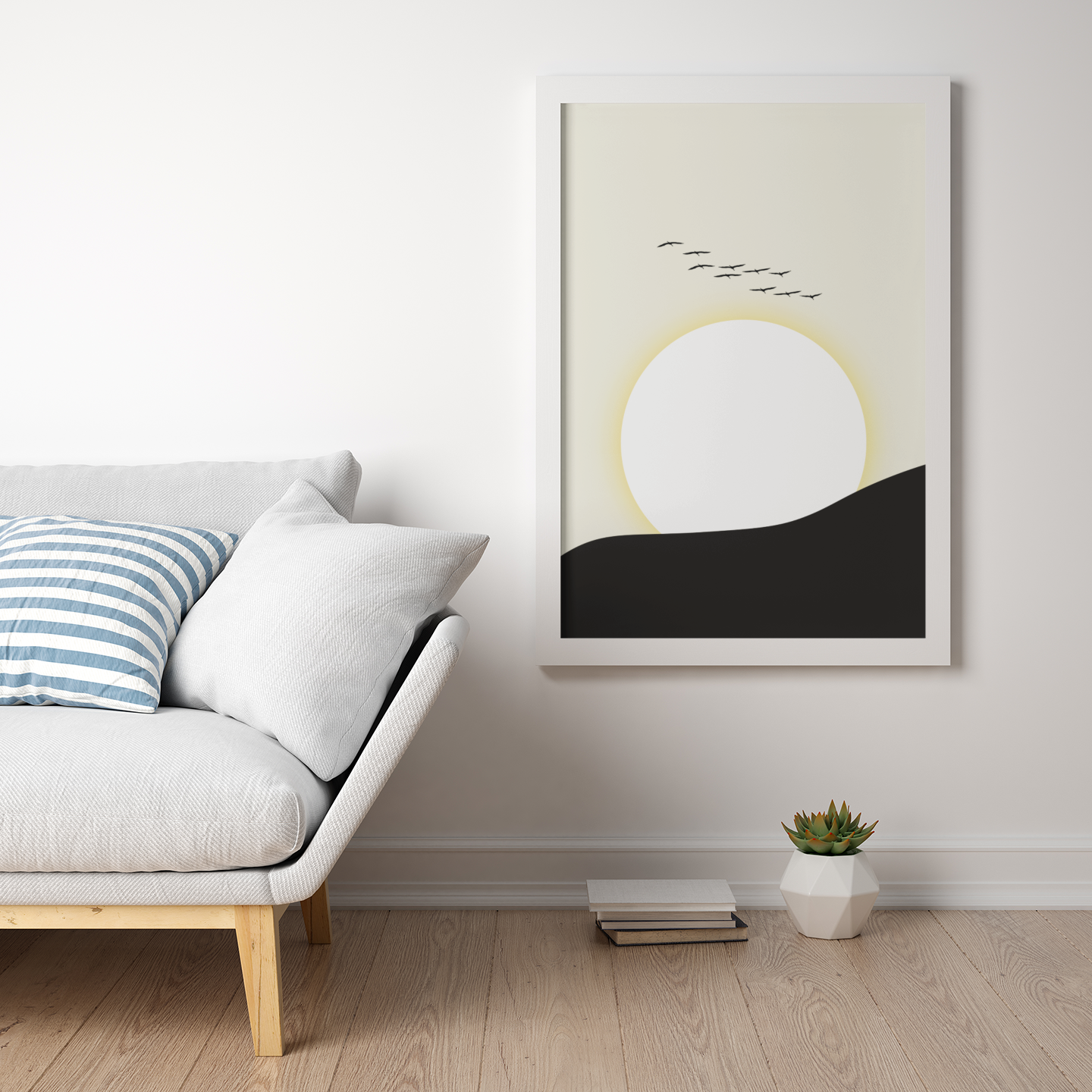 Japanese White Sun and Flying Cranes Wall Art Print