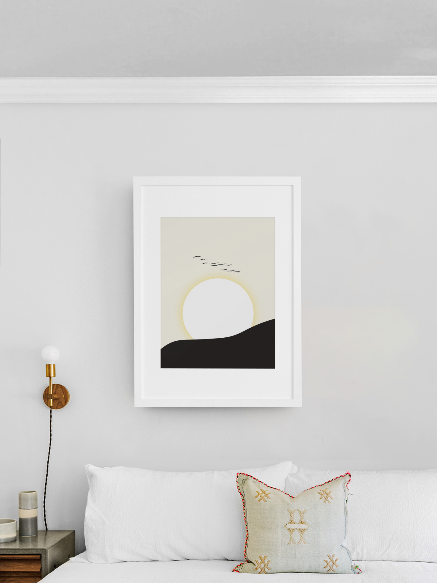 Japanese White Sun and Flying Cranes Wall Art Print