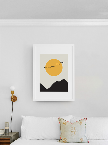 Japanese Yellow sun and flying cranes Wall Art Print