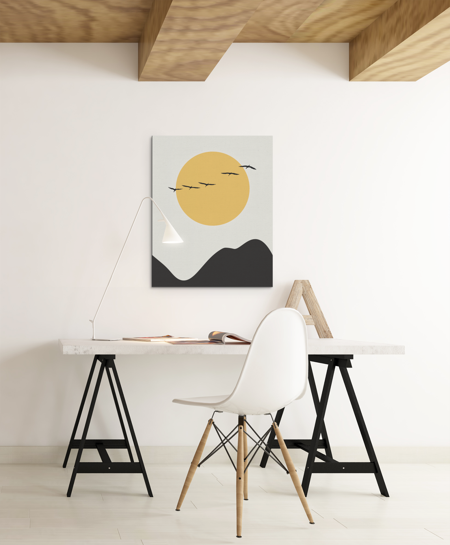 Japanese Yellow sun and flying cranes Wall Art Print