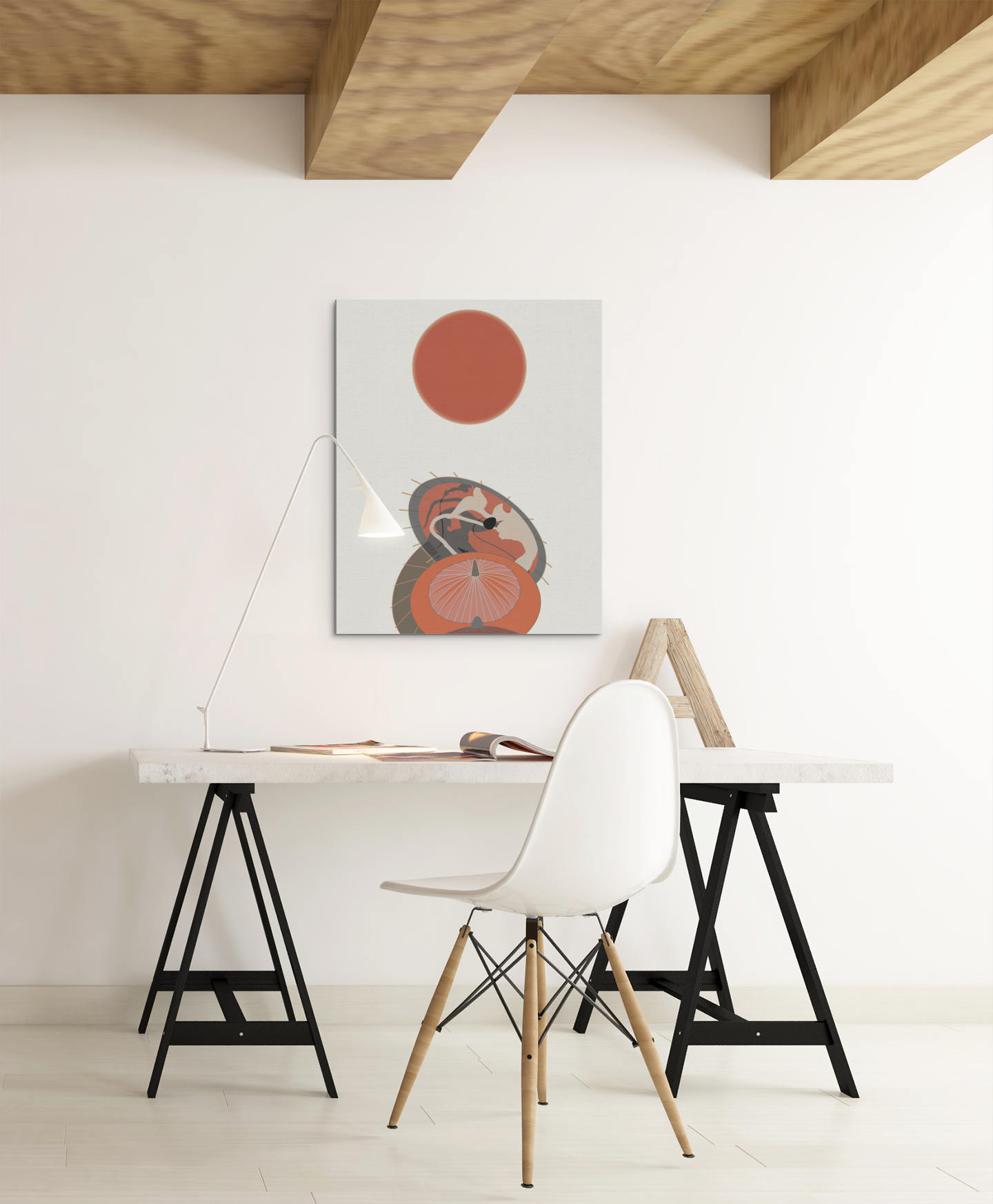 Japanese Red Sun and Wagasas Wall Art Print