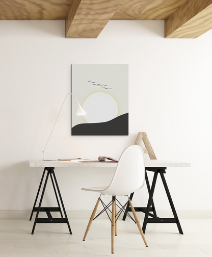 Japanese White Sun and Flying Cranes Wall Art Print