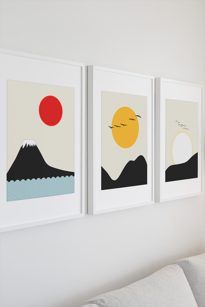 Japanese Red Sun and Mountain Wall Art Print